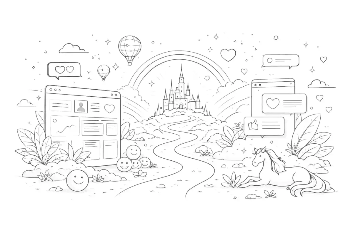 A whimsical illustration features a winding path leading to a distant castle, flanked by social media icons and a unicorn, under a rainbow. Smiley faces, chat boxes, and hot air balloons add a playful touch.