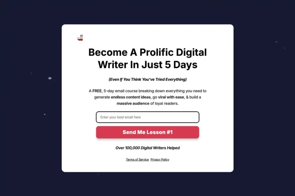 A squeeze page for a free 5-day email course titled "Become A Prolific Digital Writer In Just 5 Days." Includes email input and sign-up button.
