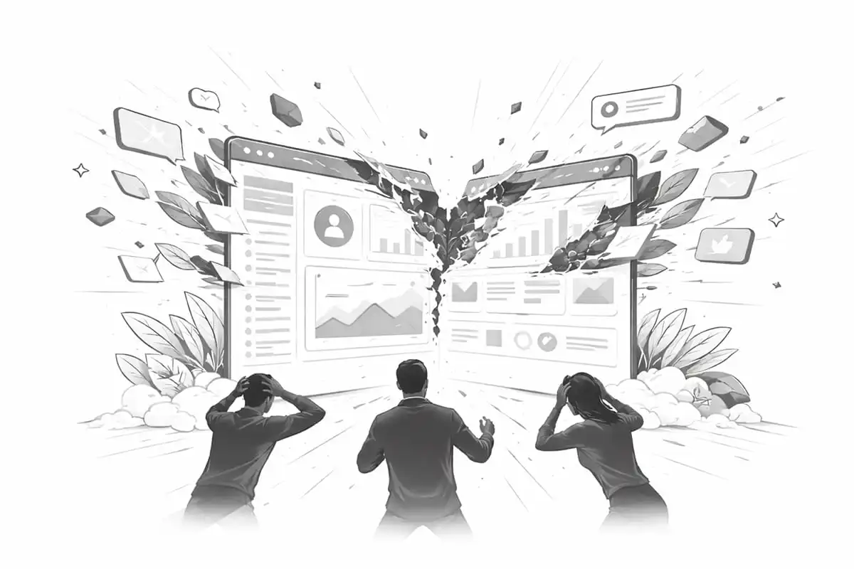 An illustration of three people holding their heads in distress in front of a cracked, exploding computer screen displaying charts and graphs. The scene conveys chaos and surprise.