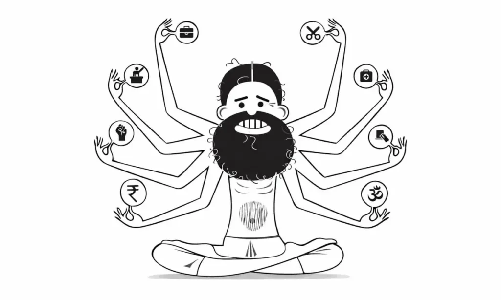 A sketch of Baba Ramdev sitting cross-legged, each hand holding symbols like a briefcase, scissors, camera, and currency.