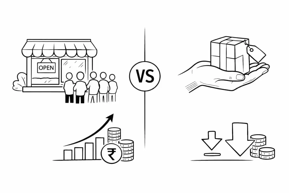 Illustration comparing two concepts: Left shows a store with customers and an upward profit graph, right shows a hand holding a product with downward cost arrows.