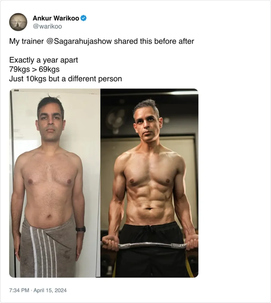 A before-and-after photo of Ankur Warikoo shows his fitness transformation.