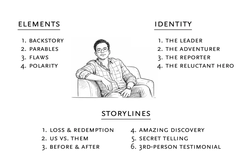 A sketched figure sitting in a chair, flanked by lists of storytelling elements, identities, and storylines.