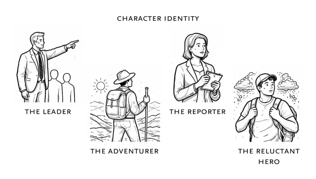 Four character sketches depict distinct identities: a leader, an adventurer, a reporter, and a reluctant hero.