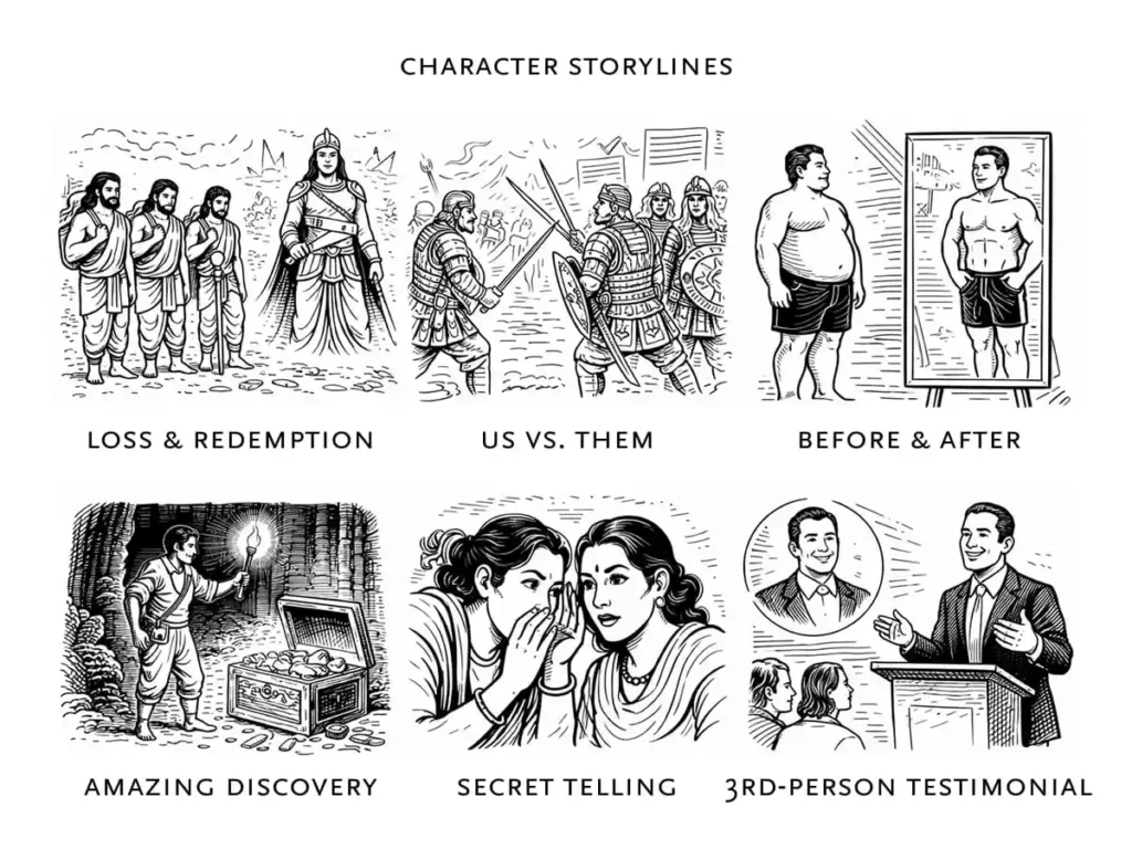 Character storylines illustrated in six panels: loss and redemption with remorseful figures, us vs. them in battle, before and after transformation, discovery of treasure, secret whispering, and a man giving a testimonial.