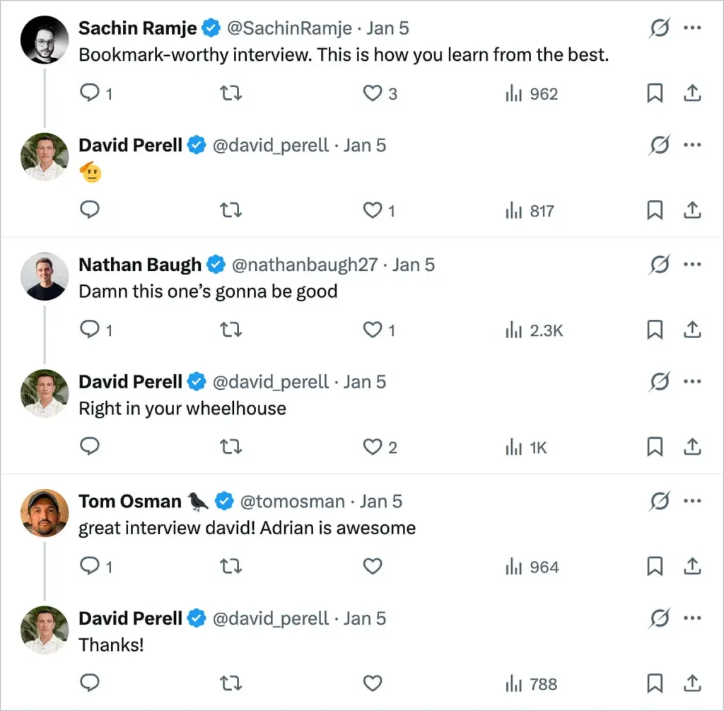 X conversations about an interview by David Perell. Users praise it as insightful.