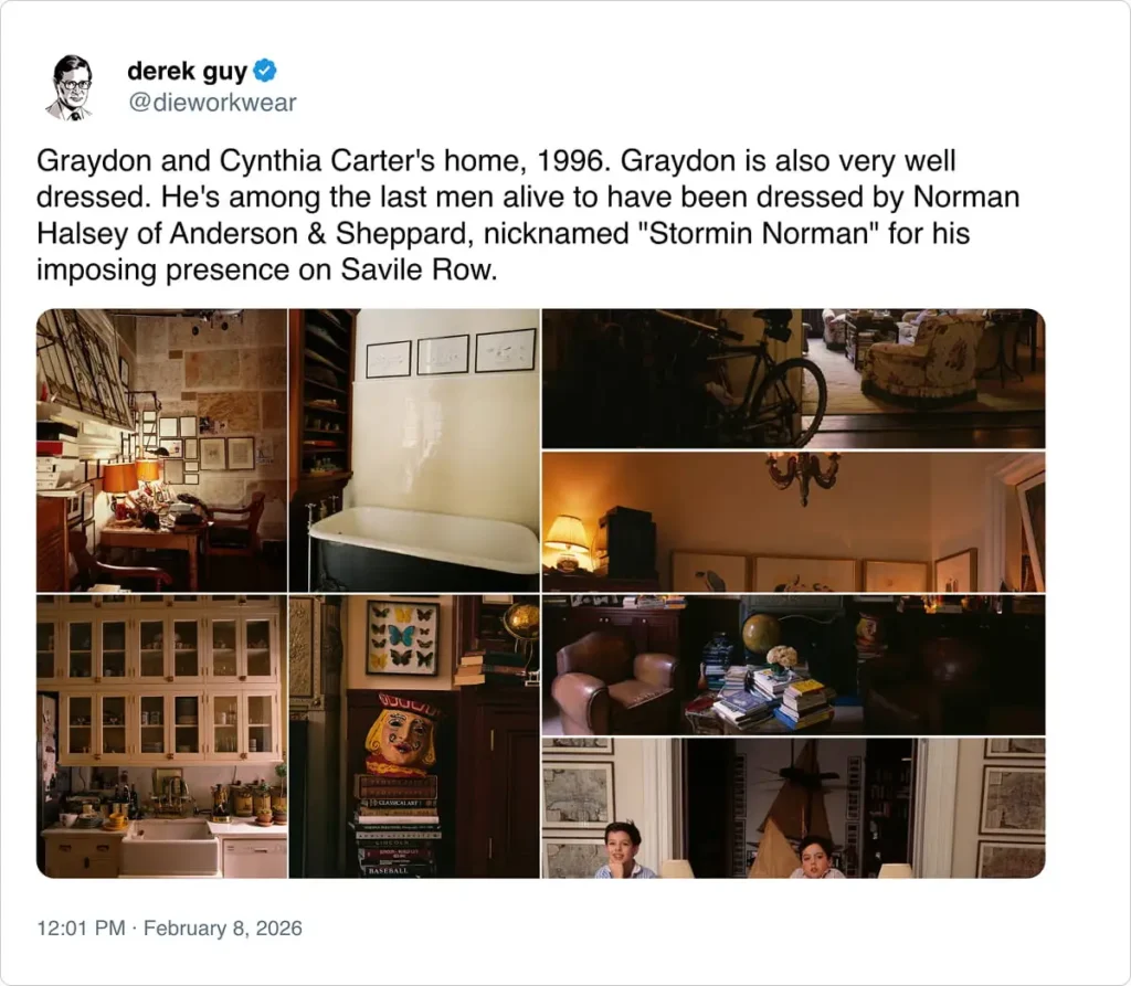 A 1996 collage of Graydon and Cynthia Carter's home. It showcases vintage decor, a cozy living room with floral chairs, framed art, a bicycle, a bathtub, and shelves filled with books and colorful items.