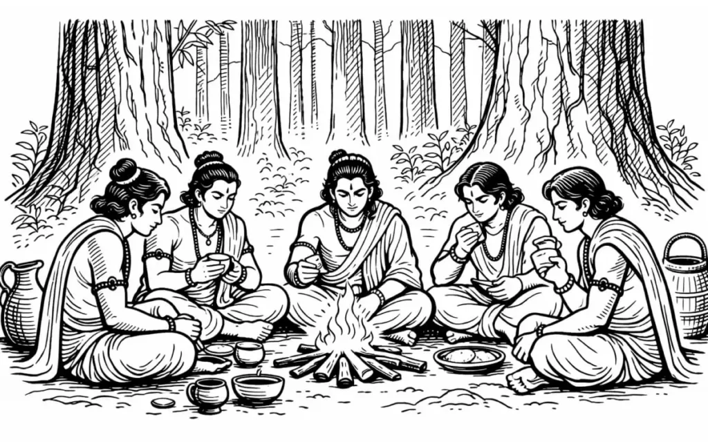 Pandavas in traditional attire sit around a campfire in a forest, eating.