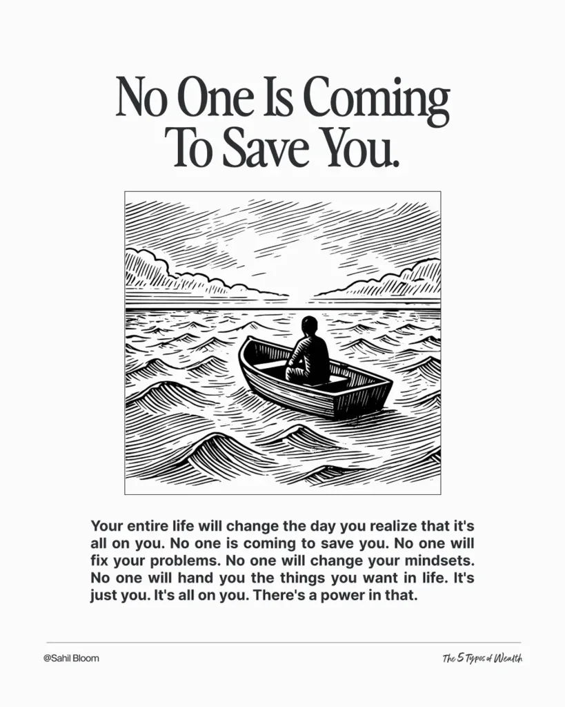 A person sits alone in a boat on the ocean under a cloudy sky. Text reads "No One Is Coming To Save You," conveying a message of self-reliance.