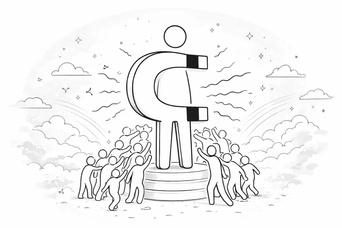 A sketch shows a giant figure magnet on a pedestal, attracting smaller figures.