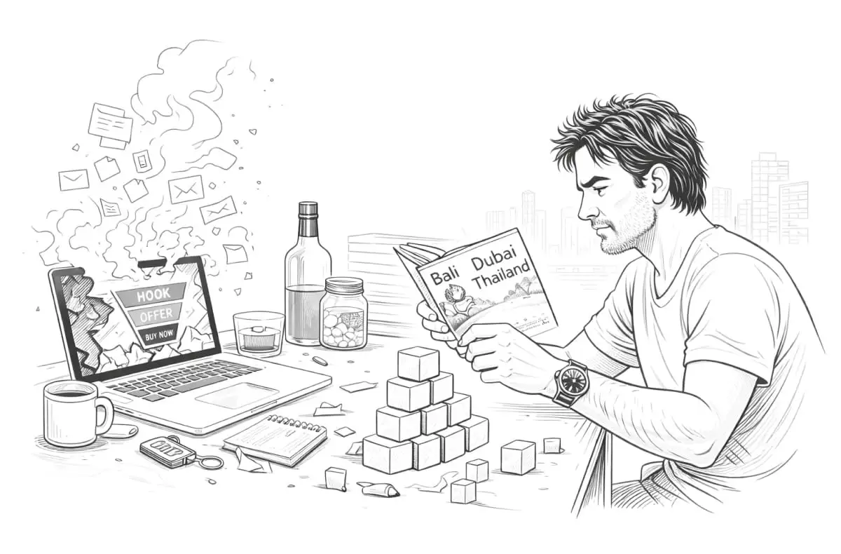 A man intently reads a book titled "Bali, Dubai, Thailand" at a cluttered desk. Nearby, a laptop shows a funnel.