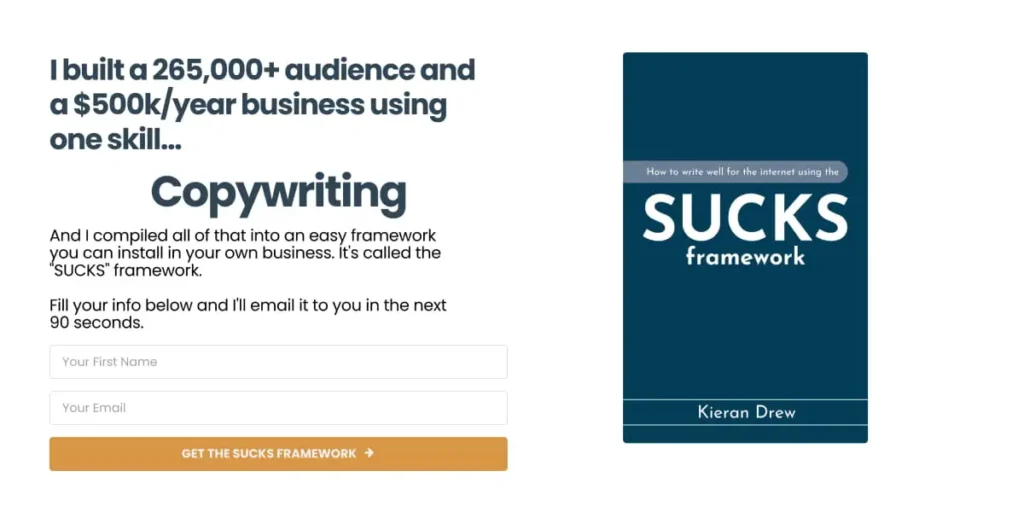 A squeeze page with text about building a large audience and business using copywriting. Includes a book cover titled “SUCKS framework” and a subscription form.
