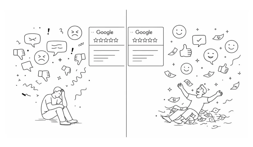 A split image: Left side shows a sad person overwhelmed by negative reviews and low ratings. Right side shows a happy person surrounded by positive reviews and money.