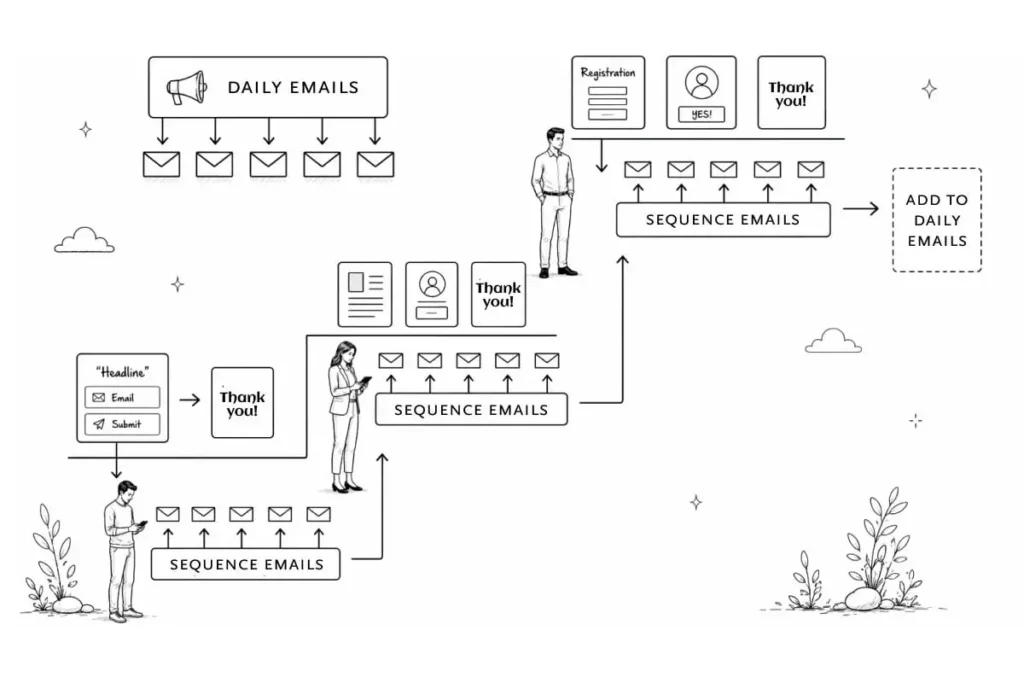 An email marketing sequence with three people at various stages. Arrows connect sequences, leading to daily email subscriptions.