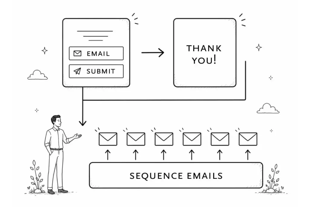 An email sequence process. A man points to an email form leading to a 'Thank You' page, then arrows direct to sequence emails.