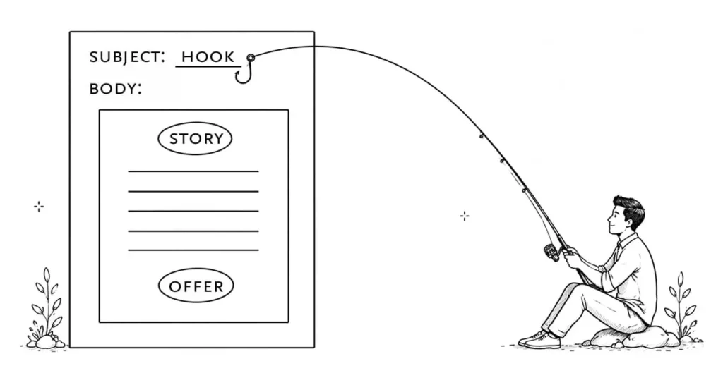 A man fishing with a rod attached to an email template. The email has "SUBJECT: Hook" and "BODY: Story, Offer," symbolizing engaging content.