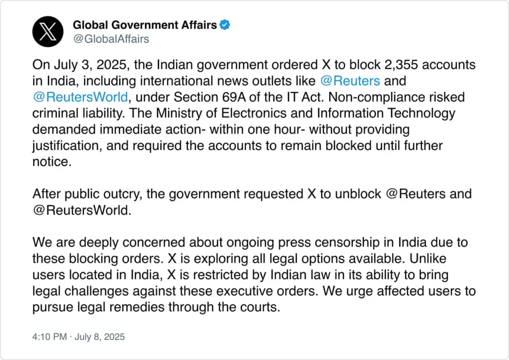 A tweet by Global Government Affairs about a July 3, 2025, order from India to block 2,355 accounts, including @Reuters, citing press censorship concerns.