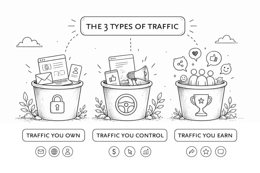 Illustration of three buckets labeled "Traffic You Own," "Traffic You Control," and "Traffic You Earn," each with relevant icons and items, depicting online traffic sources.