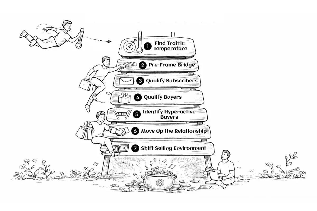 An illustration shows people interacting with a signpost featuring steps for marketing success, leading to a pot of money beneath.