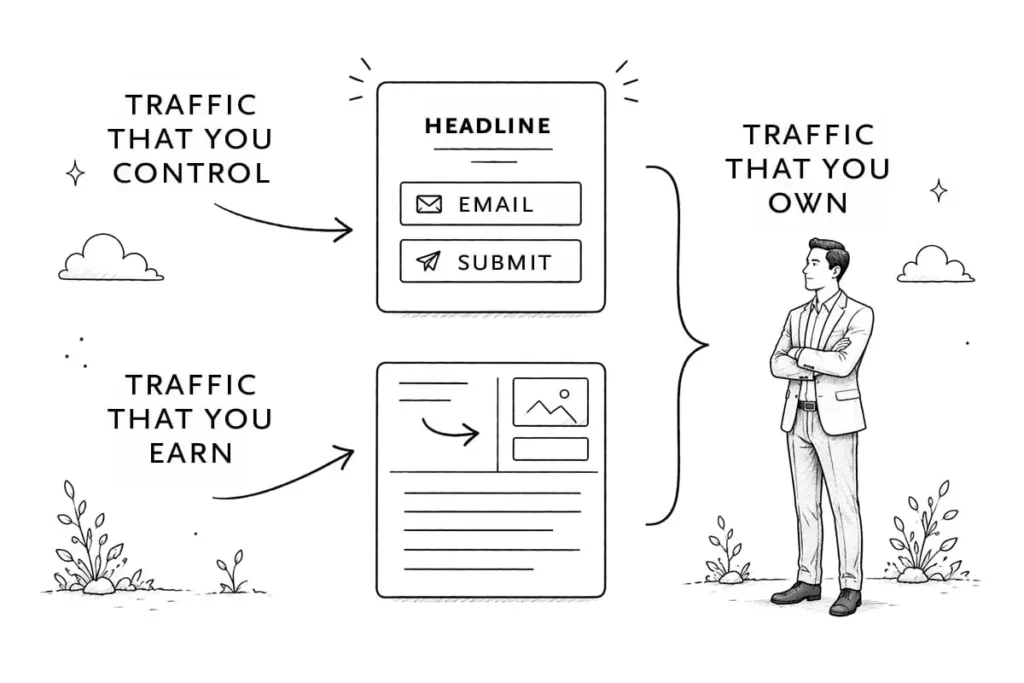 Illustration showing "Traffic That You Control" and "Traffic That You Earn" pointing to "Traffic That You Own."