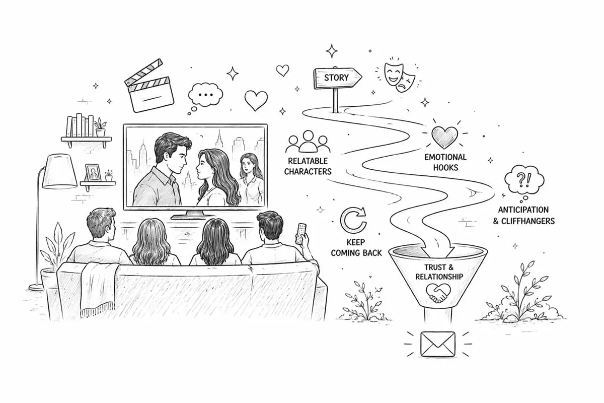 A group watches TV. Concepts like "story," "relatable characters," and "emotional hooks" form a funnel ending in "trust & relationship."