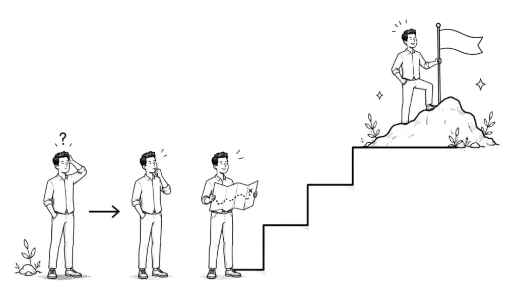 A sequence shows a person progressing from confusion to success. He stands puzzled, examines a map, and then reaches a peak with a flag, triumphant.