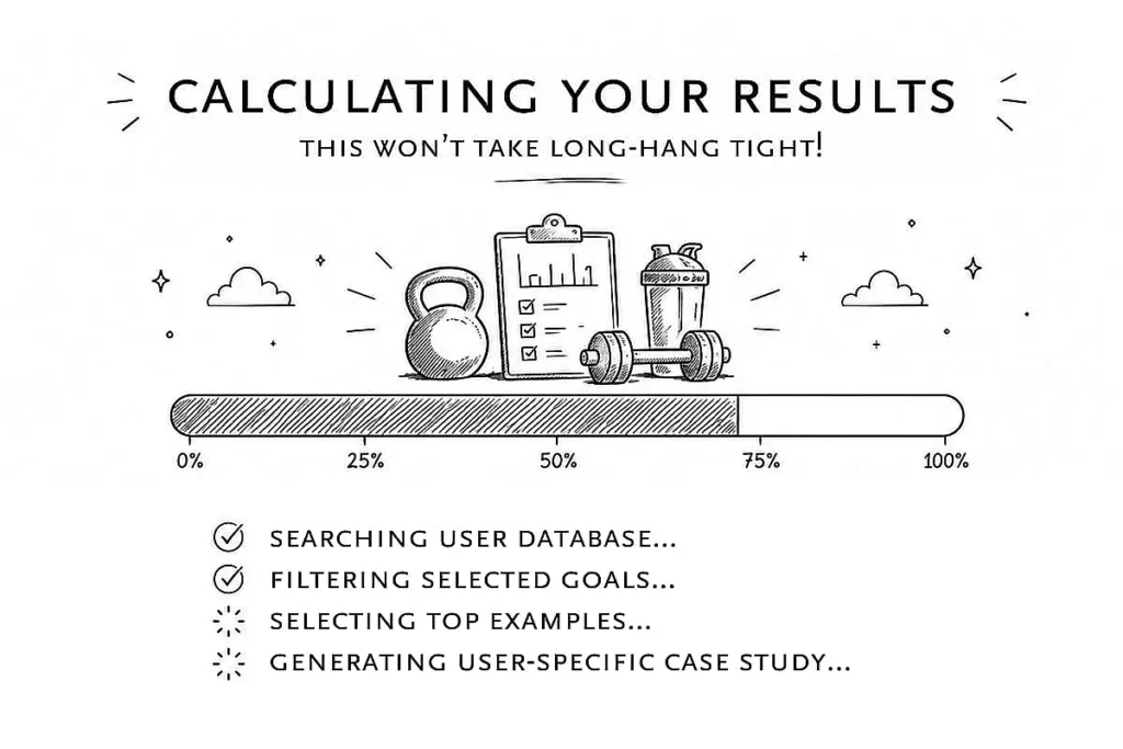 Illustration of a progress bar under fitness icons. Text reads, 'Calculating Your Results, This Won't Take Long—Hang Tight!' Checkmarks beside tasks show progress.