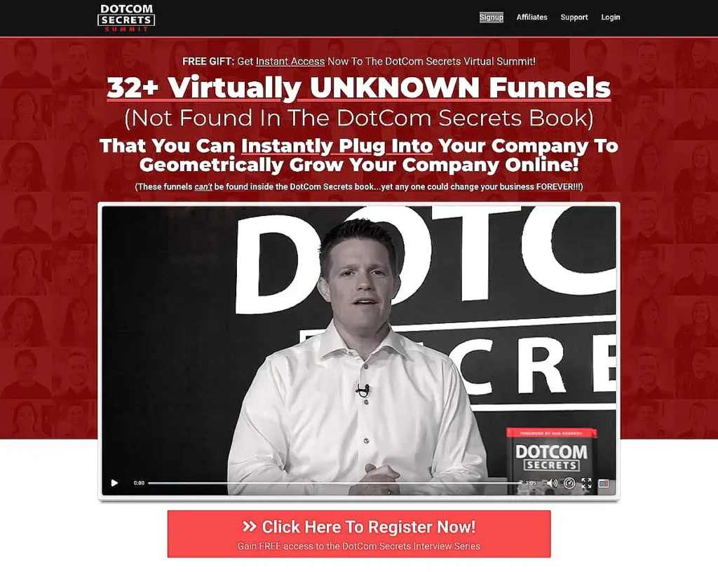 A man stands in a video frame against a backdrop reading "DotCom Secrets." Text offers access to 32+ online business funnels.