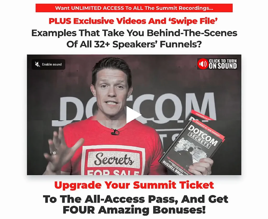Man holding "Dotcom Secrets" book, wearing a red "Secrets For Sale" shirt, with text promoting summit access.