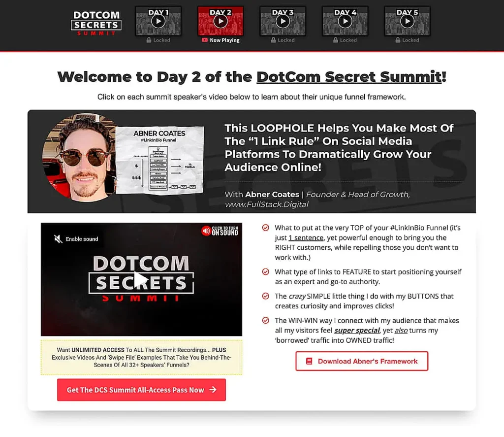 Webpage for Day 2 of the DotCom Secret Summit. Features a header with summit logo and navigation buttons for days one to five.