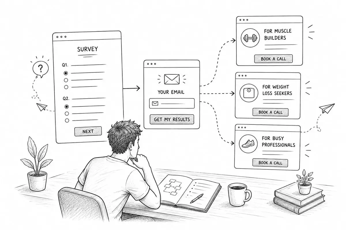 A person sits at a desk, viewing a survey on a computer. The flow leads to email entry and options for muscle builders, weight loss seekers, and busy professionals.