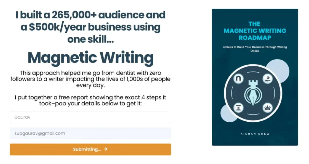 A promotional image for "The Magnetic Writing Roadmap," featuring text about building a large audience and business. Includes a signup form and book cover.