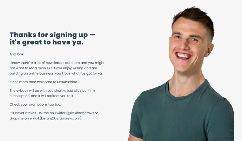 A Thank you page. A smiling person in a teal shirt stands beside text about signing up for a newsletter. 