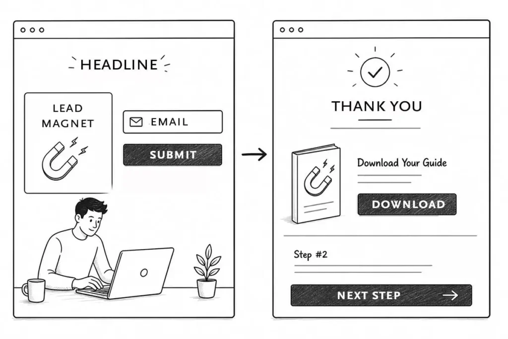 Two-panel illustration: Left shows a man at a laptop with a lead magnet sign-up form; right is a thank you page offering a lead magnet download.