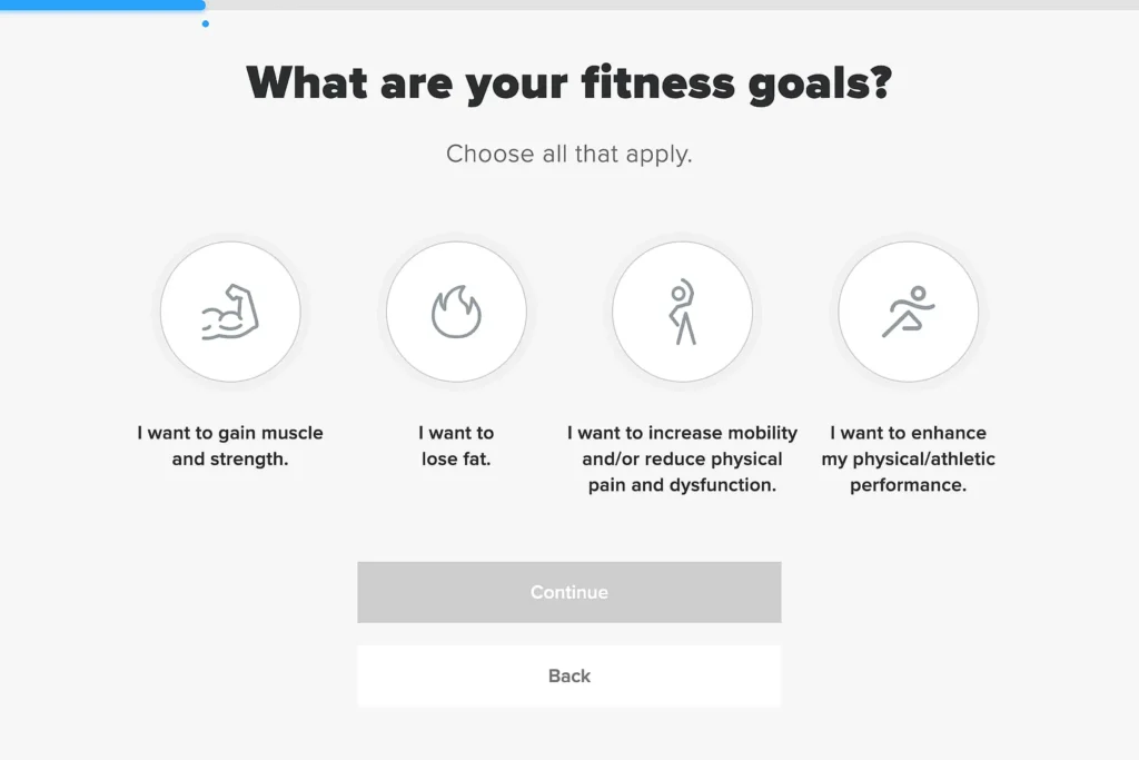 Survey screen for fitness goals with icons for muscle gain, fat loss, mobility improvement, and performance enhancement; selection options included.