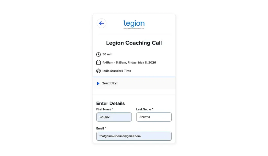 A webpage titled "Legion Coaching Call" set for 4:45-5:15am IST, May 8, 2026.