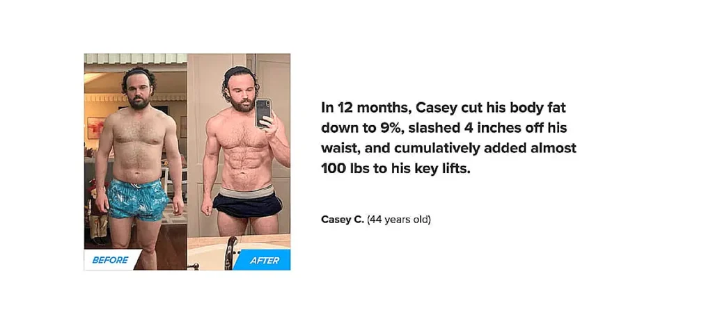 Side-by-side photos of a man showcasing a physical transformation. Left: "Before" with higher body fat. Right: "After" with toned physique.