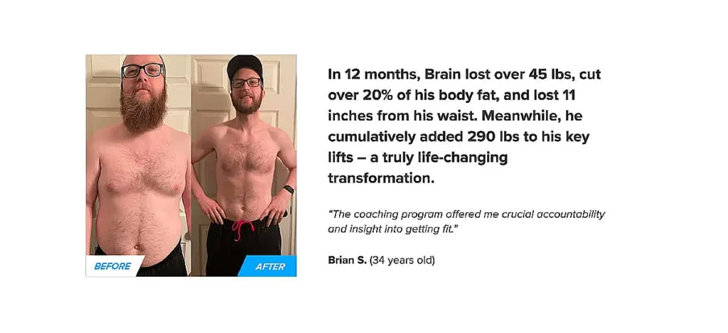 Before and after photos of a man show a significant body transformation. Text details 45 lbs weight loss, muscle gain, and program benefits.