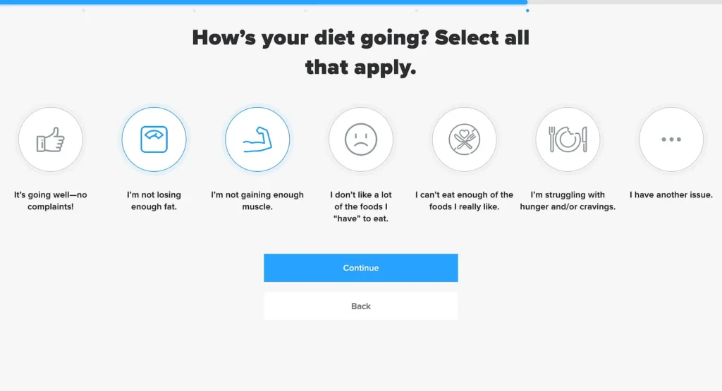 Survey screen titled "How's your diet going?" Features icons and options related to diet progress, such as satisfaction and concerns.
