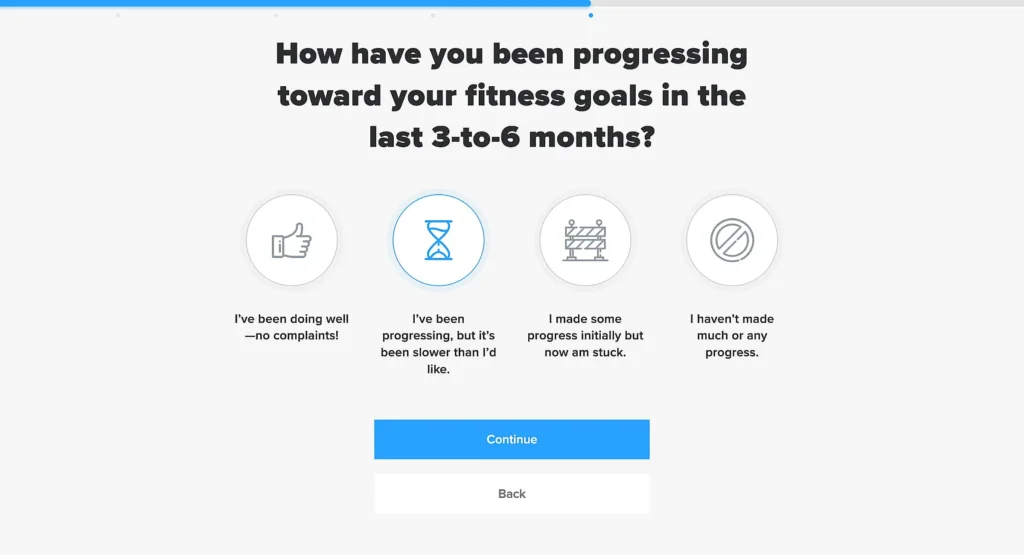 Survey screen asking about fitness progress over 3-6 months. Four options with icons: thumbs up, hourglass, clapperboard, and crossed line.