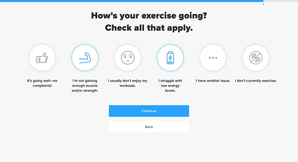 Exercise status survey with six options: positive response, lack of muscle gain, workout dissatisfaction, low energy, other issue, and no exercise.