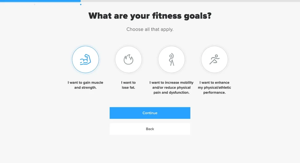 A fitness goals selection screen with four options: gain muscle and strength, lose fat, increase mobility, and enhance athletic performance.