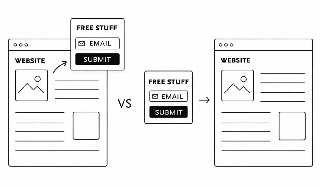 Two website layouts: one with an embedded pop-up for free offers, and the other with a squeeze page.