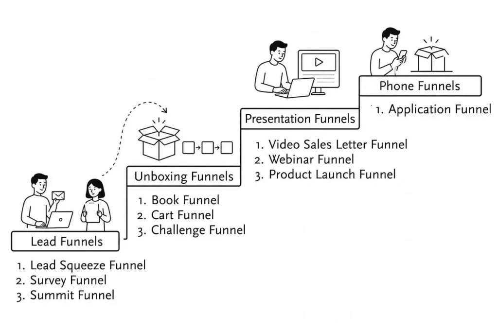 Diagram illustrating various marketing funnel types, including Lead, Unboxing, Presentation, and Phone Funnels, each with distinct subtypes.