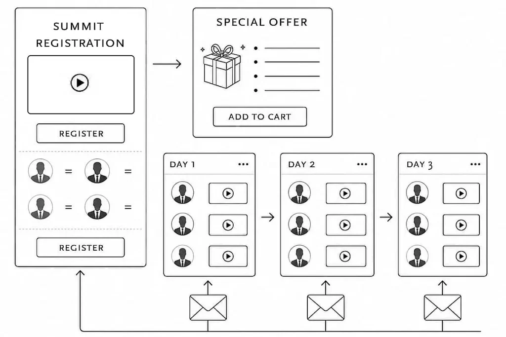 Flowchart illustrating a summit registration process. Includes registration, special offer, and scheduled emails.