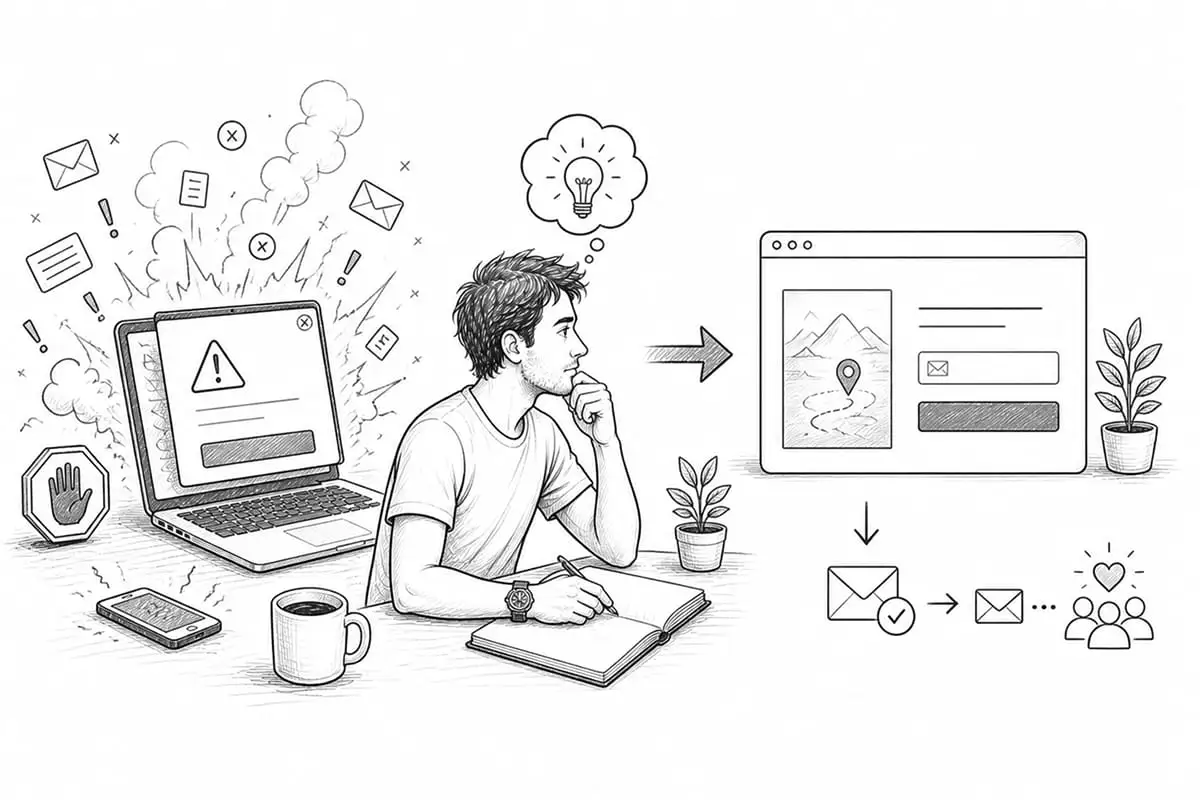 A man sits thinking with an idea bubble above him, transitioning chaos from emails and warnings on a laptop to a streamlined process and social engagement.