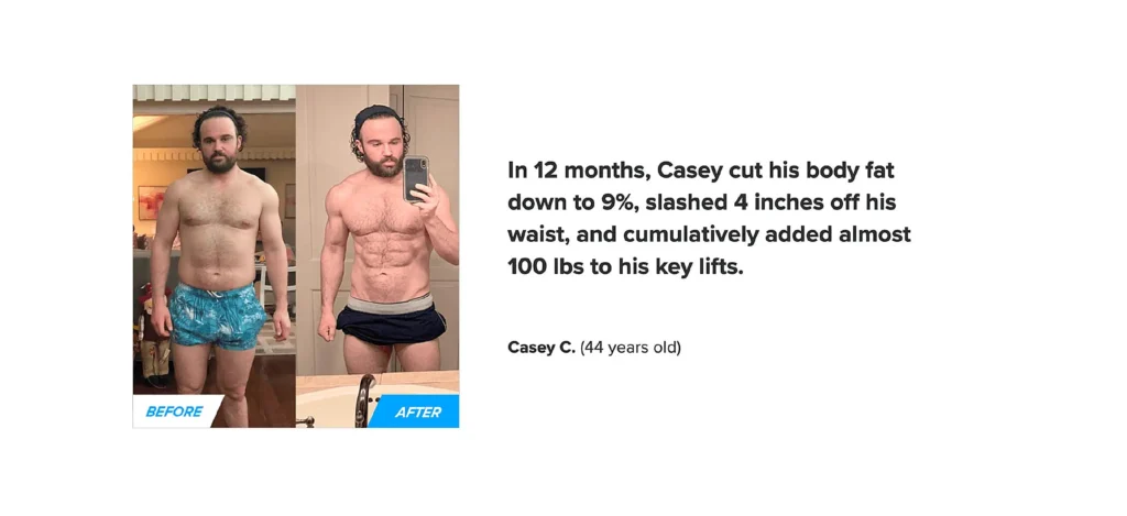 Side-by-side photos of a man showcasing a physical transformation. Left: "Before" with higher body fat. Right: "After" with toned physique.